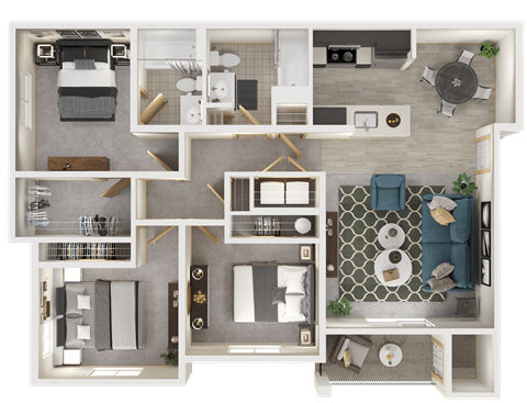 Floor plan for 3 beds, 2 baths, 1234 sqft